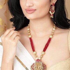 Gold Plated Maroon Red Necklace Set - Gold