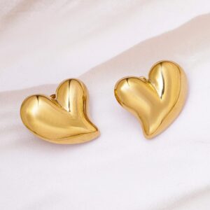 Gold Plated Stainless Steel Tarnish Free Waterproof Demi-Fine Heart Shape Stud Earrings - Gold