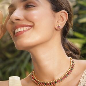 Gold-Plated Stone-Studded Necklace Set - Multicolor