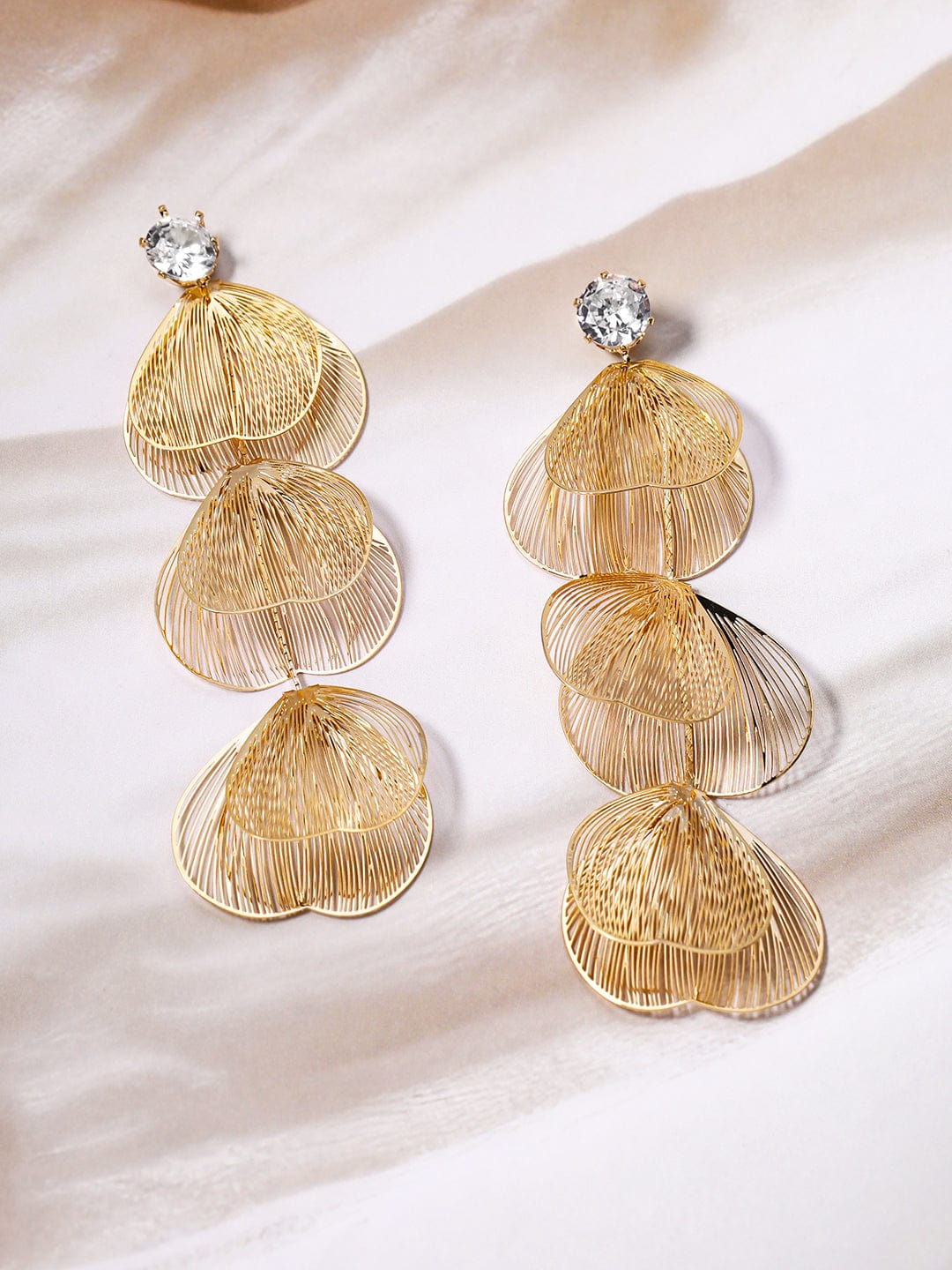 Gold-Plated Wire Mesh Layered Petal Dangle Earrings with Crystal Studs - Gold