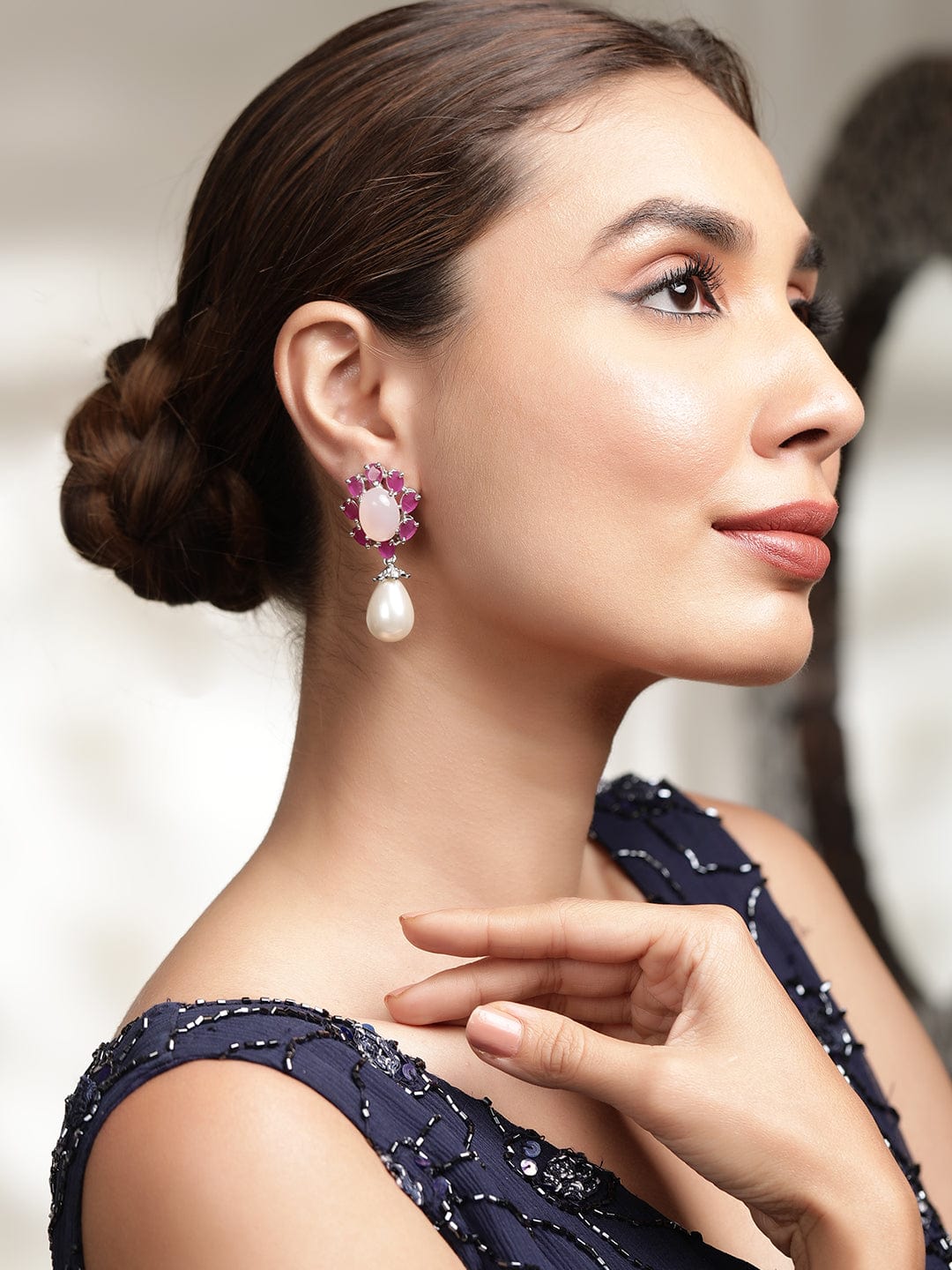 Modern Brilliance Silver-Tone AD Demi-Fine Earrings for Subtle Opulence" - Pink