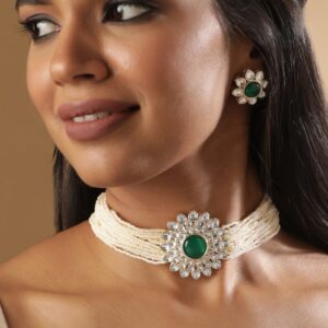 Multiple White Beaded Chains Pendant Choker Set - Silver::Green