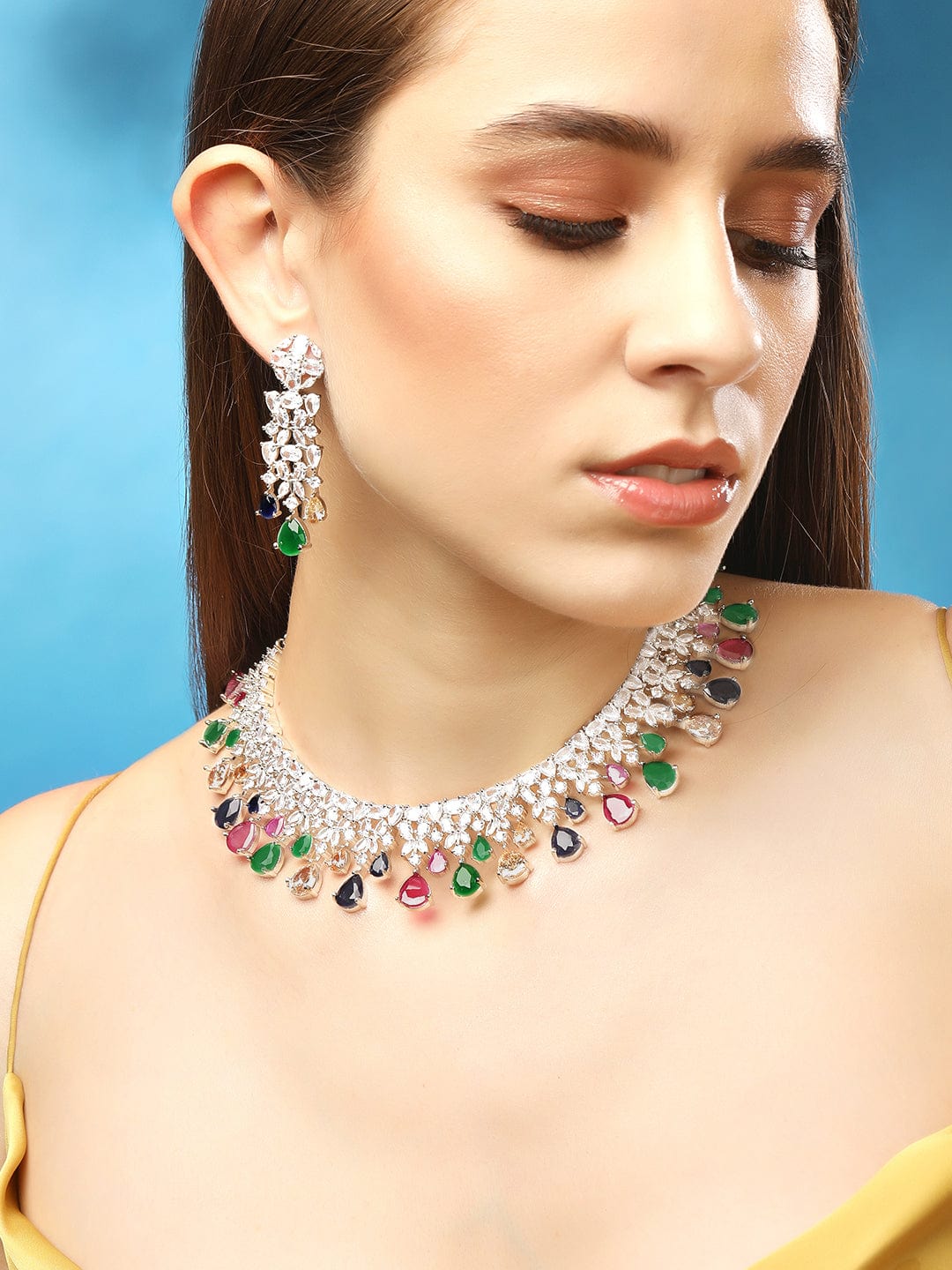 Multi color Zircon Studded Jewellery Set - Multicolor