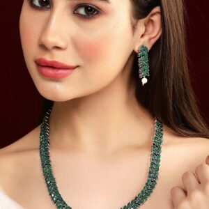 Faux Emerald Stone Studded Zircon Jewellery Set - Green::Silver