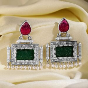 Oxidised Silver Plated Ruby Pink & Green Stone Studded with Pearl Beads Statement Earrings - Silver