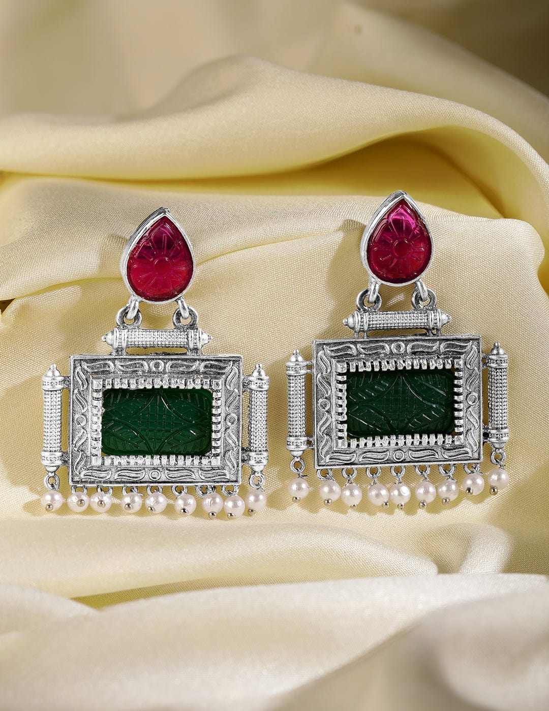 Oxidised Silver Plated Ruby Pink & Green Stone Studded with Pearl Beads Statement Earrings - Silver