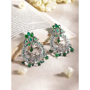 Oxidized Silver Emerald green stone studded pearl beaded statement earrings - Silver