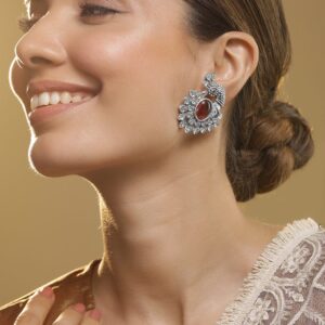 Oxidized Silver Plated Peacock Motif Stud Earrings with Ruby Studded - Silver