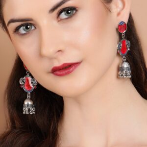 Oxidized Silver-Plated Red Enamel Jhumka Earrings with Peacock Motif - Silver