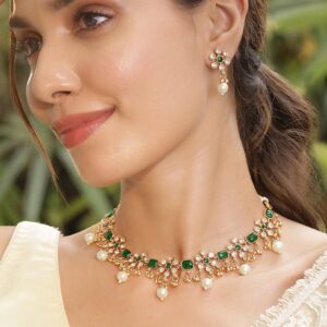 Premium 22K Gold Plated Emerald Green & Cubic Zirconia Studded Necklace Set with Gold & Pearl Beaded - Gold