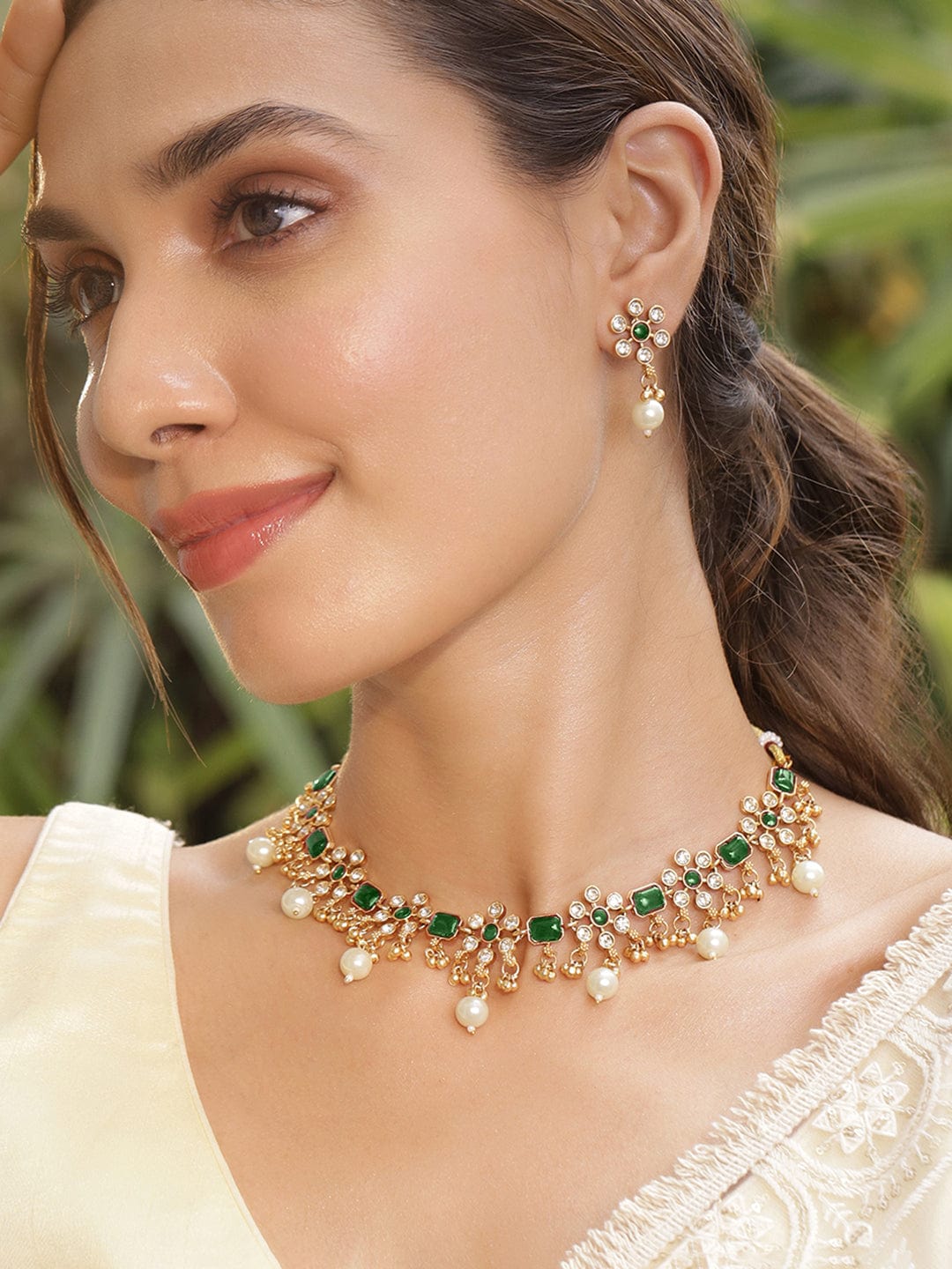 Premium 22K Gold Plated Emerald Green & Cubic Zirconia Studded Necklace Set with Gold & Pearl Beaded - Gold
