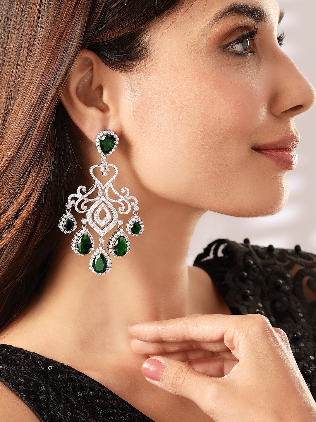 Premium Rhodium plated AAA Cubic Zirconia Emerald Green studded Statement chandelier Earring - Silver