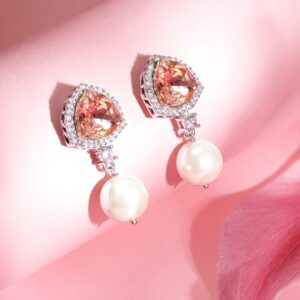 Premium Rhodium Plated Champagne Topaz AAA Cubic Zirconia Pearl Dangle Earrings - Silver