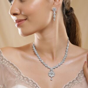Premium Rhodium Plated White Cubic Zirconia Studded Necklace Set with Floral Design - Silver
