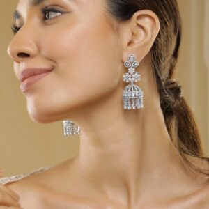 Rhodium Plated AAA Cubic Zirconia Studded Flower Design Jhumka Earrings - Silver