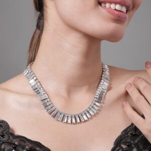 Rhodium Plated AD & Cubic Zirconia Studded Luxurious Baguette Necklace - Silver