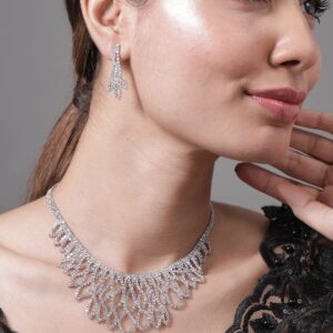 Rhodium Plated AD & Cubic Zirconia Studded Luxurious Leaf Motif Necklace Set - Silver