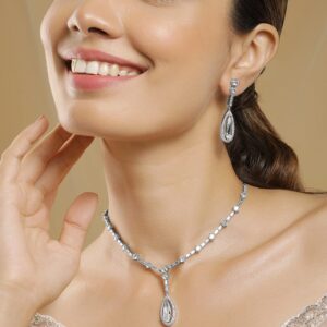 Rhodium Plated AD & Cubic Zirconia Studded Teardrop Statement Jewellery Set - Green