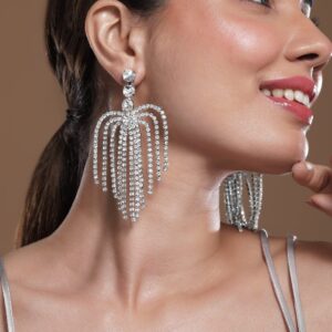 Rhodium Plated AD & Zirconia Studded Multi-Layered Shoulder Duster Earrings - Drop