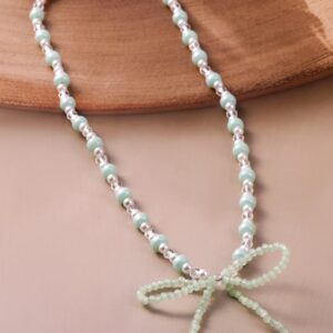 Rhodium Plated Aqua Green & White Beaded Necklace with Mint Green Bow Pendant - Silver
