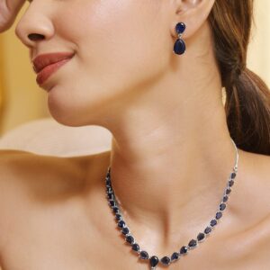 Rhodium Plated Blue Sapphire & Cubic Zirconia Studded Premium Jewelry Set - Green
