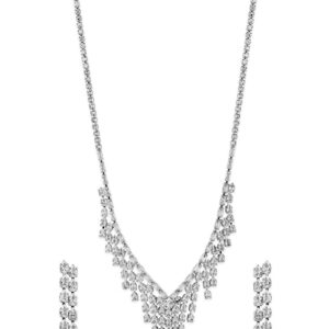 Rhodium Plated Cascading Multiple Strands AD & Cubic Zirconia Studded Necklace Set - Silver