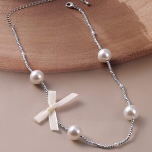 Rhodium-Plated Chain Necklace with Faux Pearls and Fabric Ribbon Bow Accent - Silver