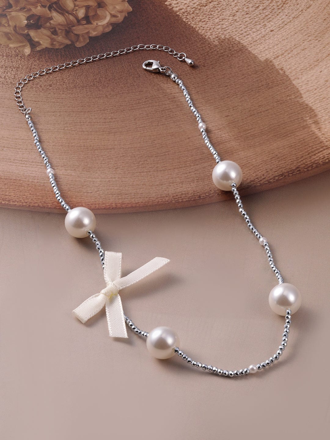 Rhodium-Plated Chain Necklace with Faux Pearls and Fabric Ribbon Bow Accent - Silver