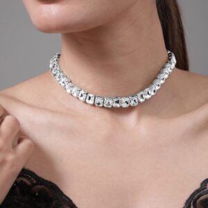 Rhodium Plated Crystal AD & Zirconia Studded Luxurious Choker Necklace - Silver