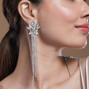 Rhodium Plated Crystal AD & Zirconia Studded Multi-Layer Shoulder Duster Drop Earrings - Drop