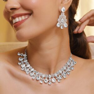Rhodium-Plated Crystal Cubic Zirconia Studded Necklace Set with Teardrop Earrings - Ruby Red