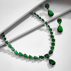 Rhodium-Plated Crystal Emerald Studded Statement Necklace Set - Green