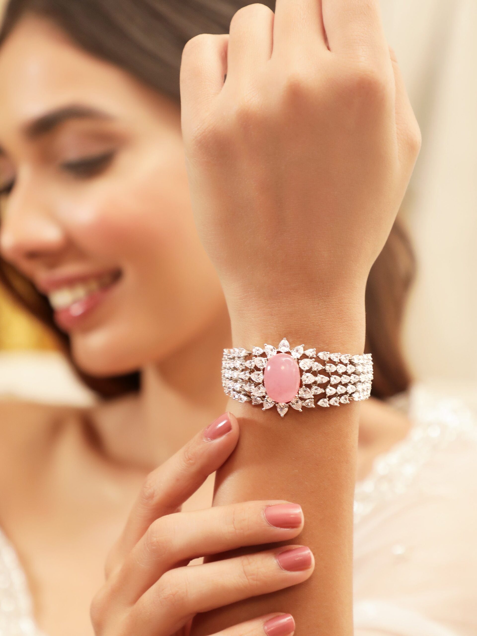 Rhodium Plated Marquise Crystal CZ & Pastel Pink Gemstone Studded Luxury Bracelet - Pink