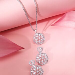 Rhodium plated Crystal Zirconia studded Statement pendant Set - Silver