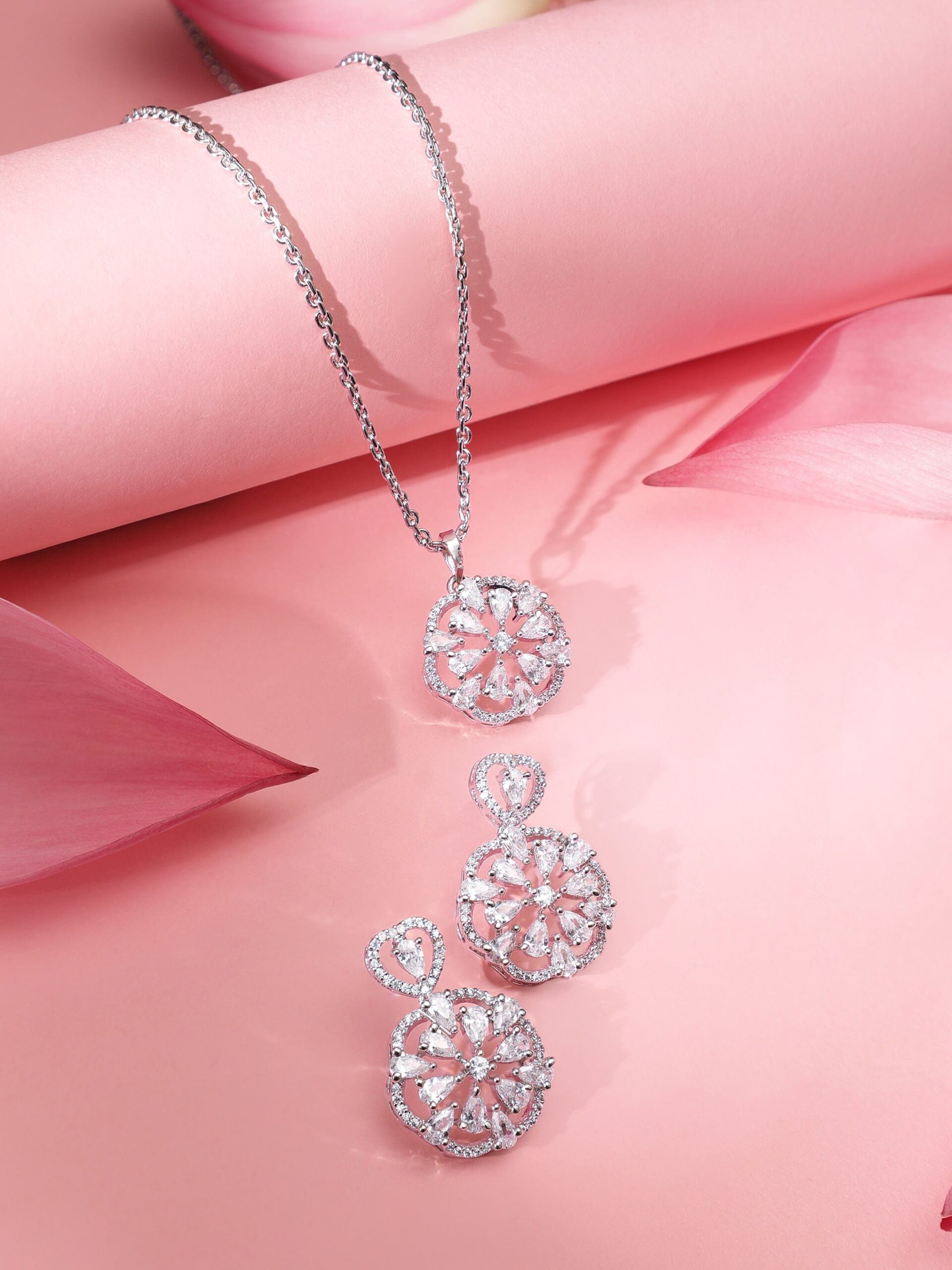 Rhodium plated Crystal Zirconia studded Statement pendant Set - Silver