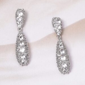 Rhodium Plated CZ Studded Drop Earrings - Silver
