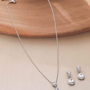 Rhodium Plated CZ Studded Teardrop Necklace Set - Silver