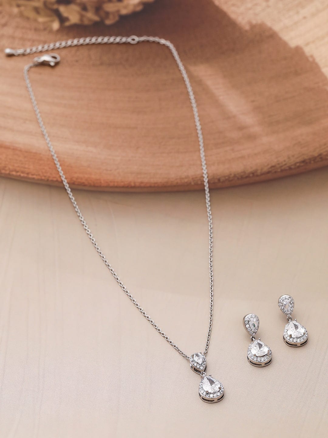 Rhodium Plated CZ Studded Teardrop Necklace Set - Silver
