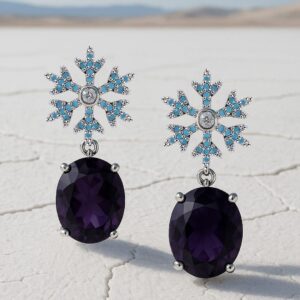 Rhodium Plated Dark Blue Crystal & Turquoise Blue Zirconia Studded Floral Drop Earrings - Silver