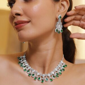 Rhodium Plated Emerald & Cubic Zirconia Studded Premium Jewellery Set - Gold