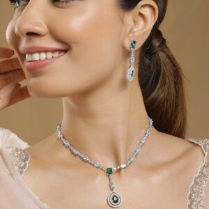 Rhodium Plated Emerald Teardrop Pendant Necklace Set with AD & Cubic Zirconia Studded - Silver
