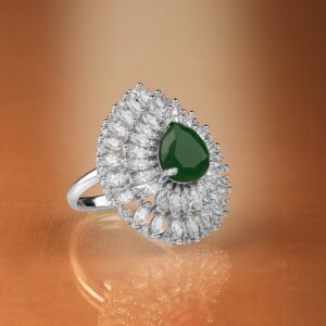 Rhodium Plated High Quality AD Emerald Stone Studded Finger Ring - Red
