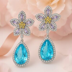 Rhodium-Plated Lavender, Yellow & Aqua Blue AD & Cubic Zirconia Studded Floral Drop Earrings - Silver