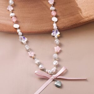 Rhodium Plated Multicolor Beaded Necklace with Heart Pendant and Pink Ribbon Bow - Silver