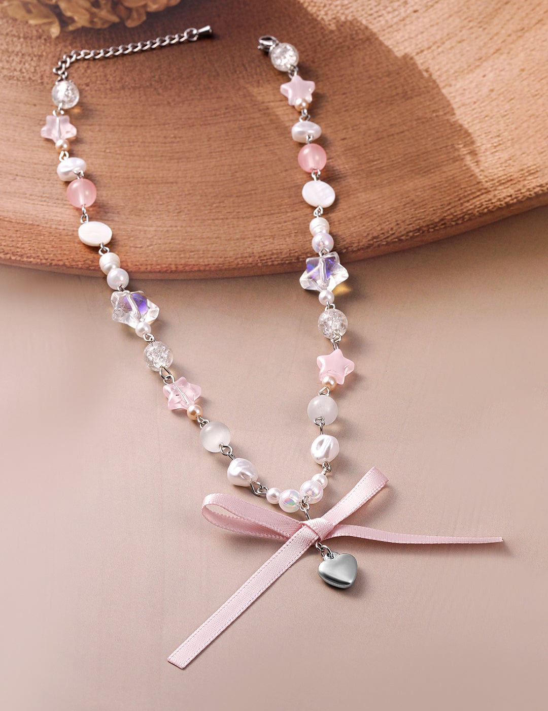 Rhodium Plated Multicolor Beaded Necklace with Heart Pendant and Pink Ribbon Bow - Silver