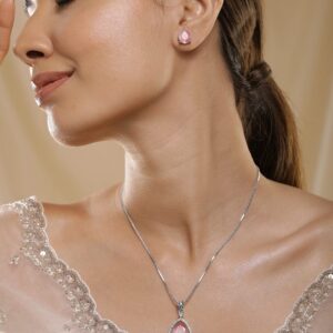 Rhodium-Plated Necklace Set with Pastel Pink Stone and CZ Accents - Pink