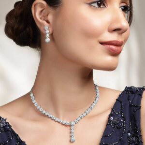 Rhodium plated Pave Zirconia Embellished sleek Jewellery set - Silver