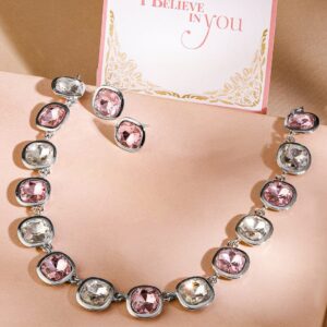Rhodium Plated Pink & White Cubic Zirconia Studded Statement Necklace Set - Pink & White