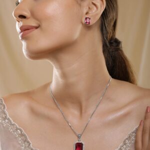 Rhodium-Plated Ruby & CZ Studded Pendant Necklace Set - Red