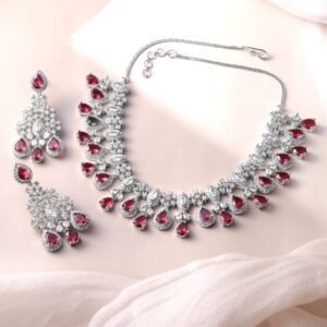 Rhodium-Plated Ruby Red and White Cubic Zirconia Studded Necklace Set - Silver